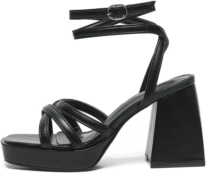 Amoji Women's 4 Inch Platform Chunky Heel Strappy Ankle Strap Block Heeled Sandals 305