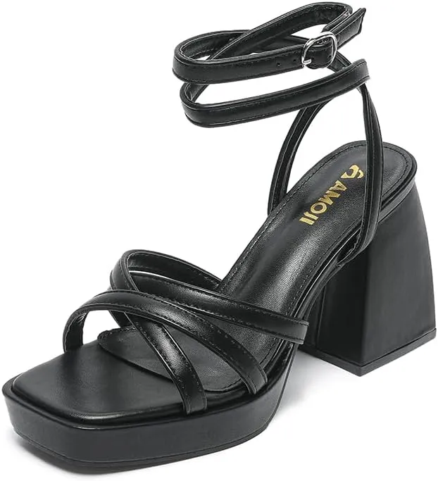 Amoji Women's 4 Inch Platform Chunky Heel Strappy Ankle Strap Block Heeled Sandals 305