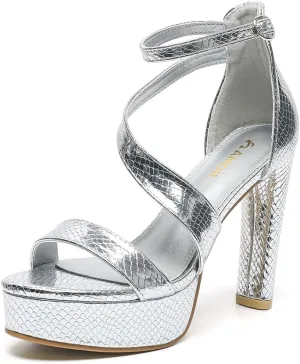 Amoji Women's Block Heels 4 Inch Platform Ankle Strap Lady Heeled Sandals FZ325