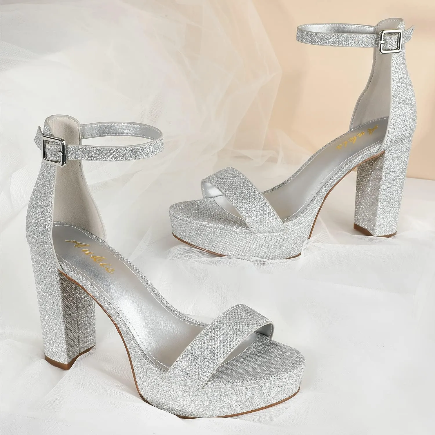 Ankis Chunky Platform Heels - 4 Inch Block Heeled Sandals for Women - Comfortable Open Toe Strappy Heels - Black, Nude, White, Silver, Gold - Summer Dress Shoes