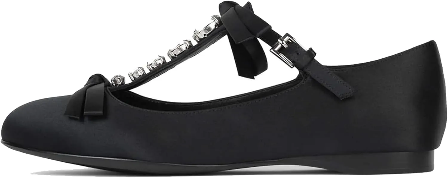 Arqa Women's T-Strap Ballet Flat with Pearl and Bow Detail Ballet Slipper Dressy Comfortable Work Office Low Heel Flats Wedding Ballerina Slip On Vintage Mary Jane Flats Shoes