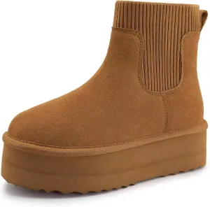 Athlefit Women's Classic Platform Chelsea Boots Winter Warm Fur Lined Anti-Slip Short Ankle Snow Boots