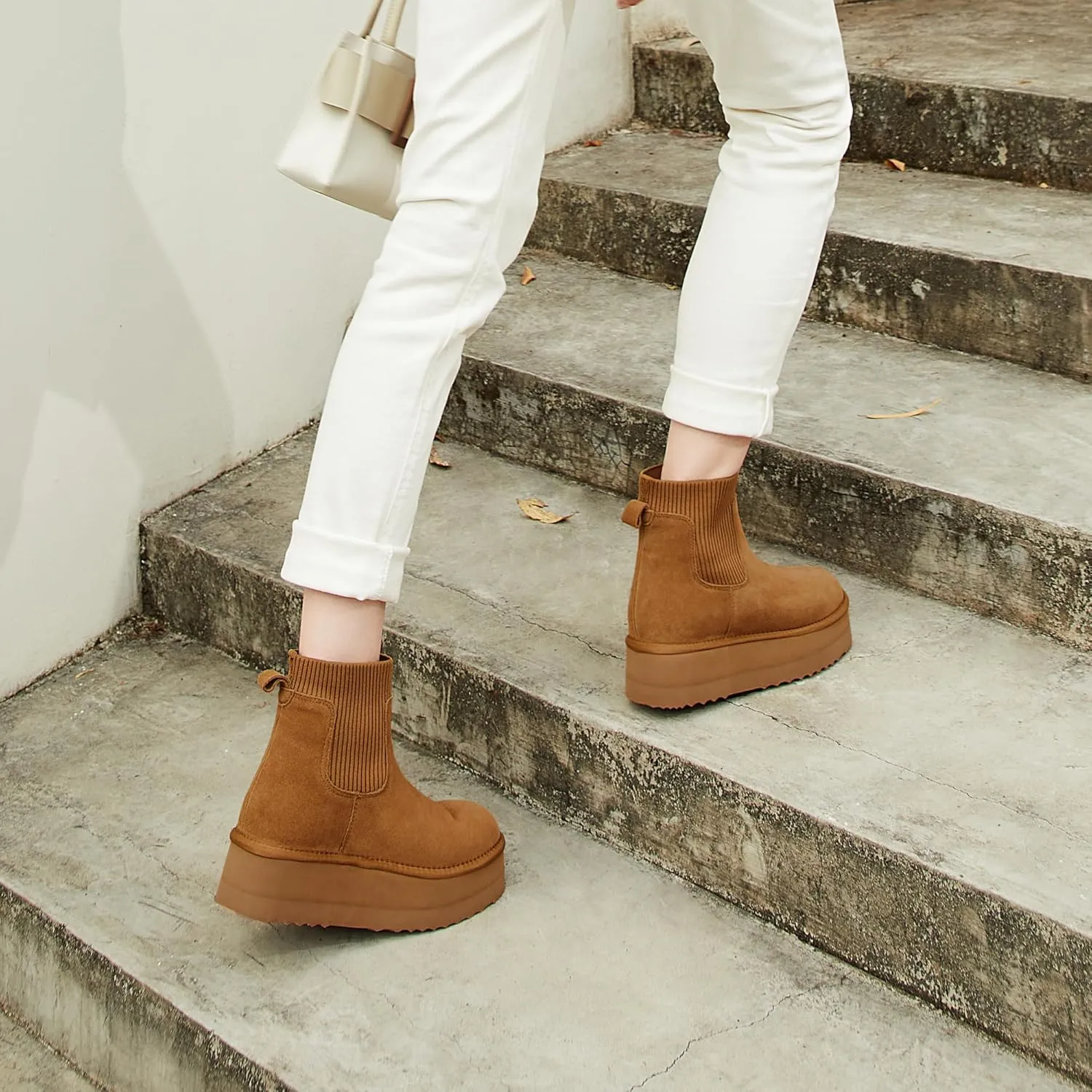 Athlefit Women's Classic Platform Chelsea Boots Winter Warm Fur Lined Anti-Slip Short Ankle Snow Boots