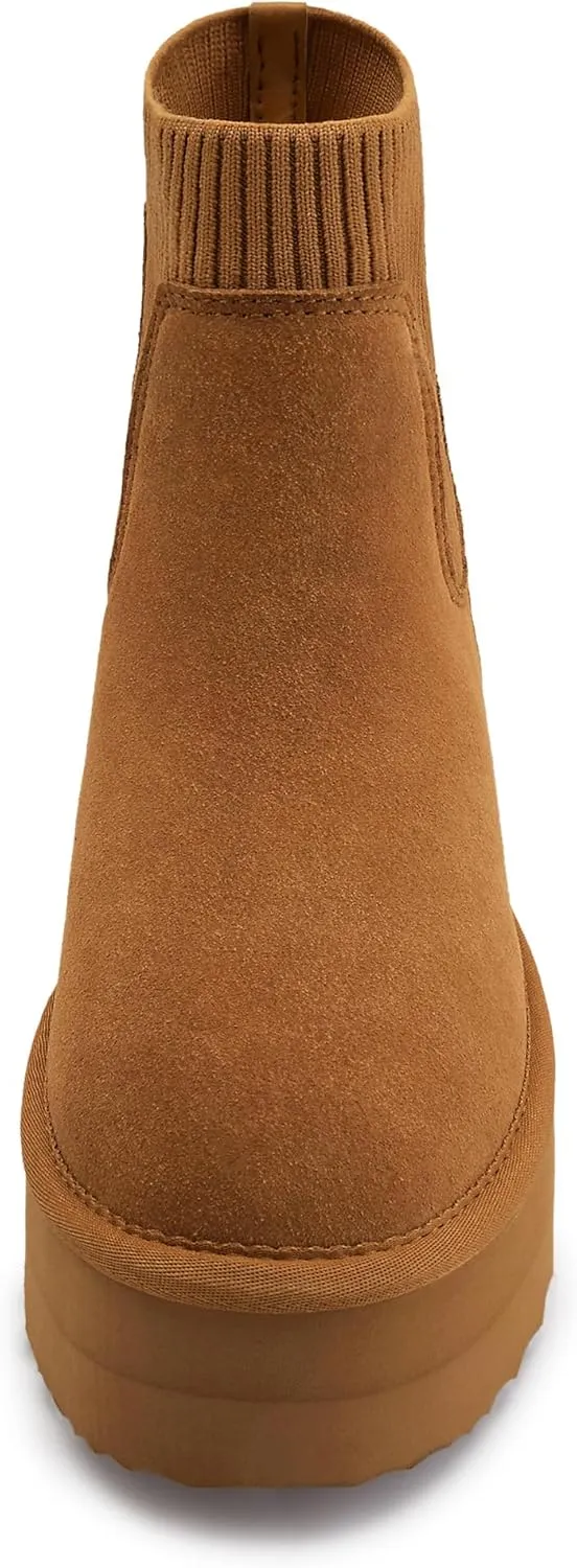 Athlefit Women's Classic Platform Chelsea Boots Winter Warm Fur Lined Anti-Slip Short Ankle Snow Boots