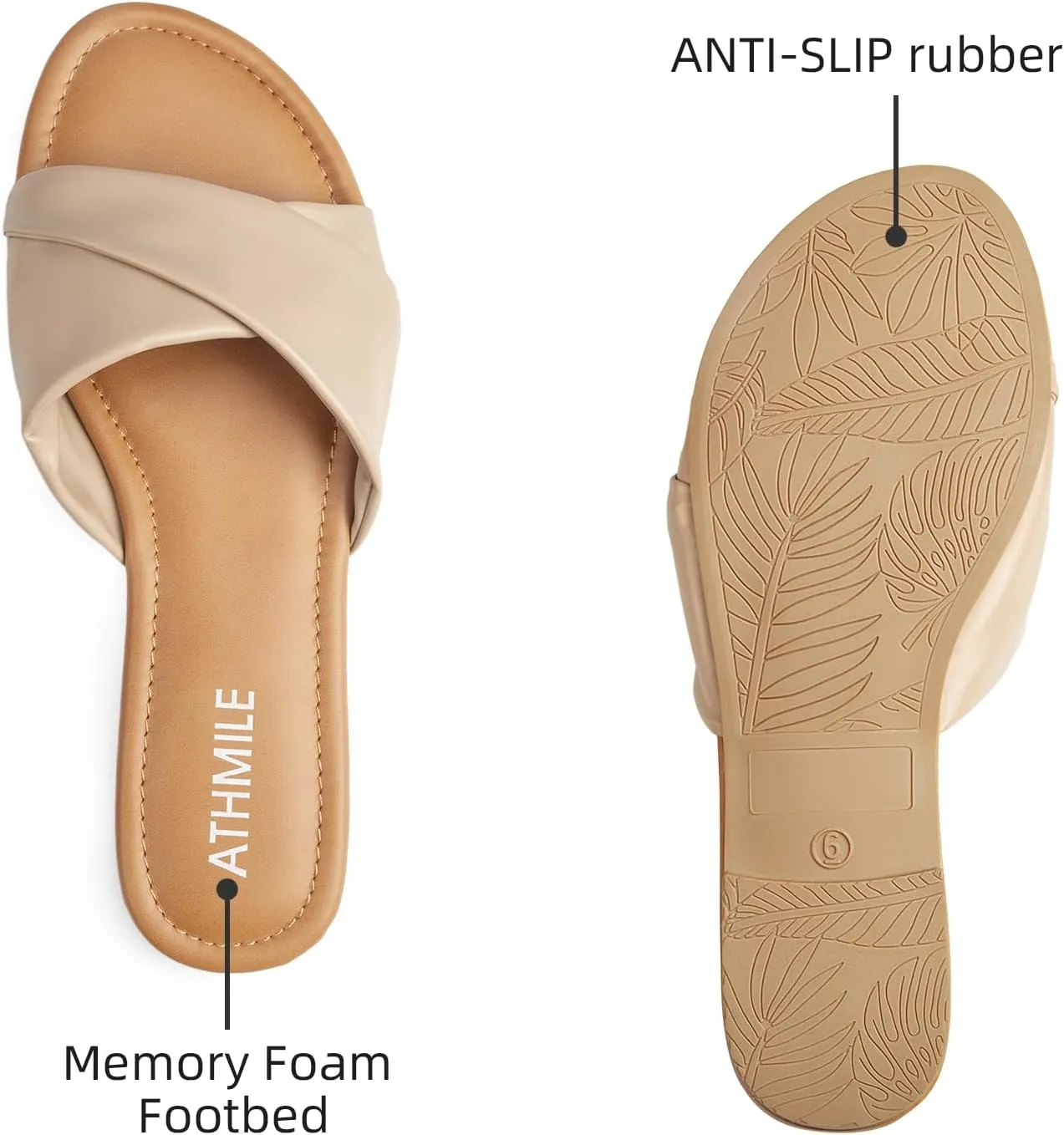 ATHMILE Sandals Women Dressy Summer Flat Comfortable Fashion Beach Cute Ladies Slides Leather Casual Dress Women's Sandals 2025 Size 6-11