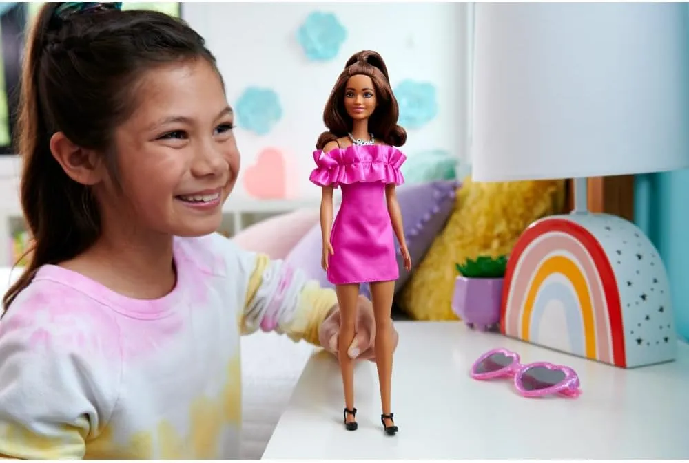 Barbie Fashionistas Doll #217 with Brown Wavy Hair Half-Up Half-Down & Pink Dress, 65th Anniversary Collectible Toy