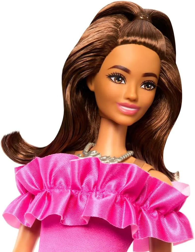 Barbie Fashionistas Doll #217 with Brown Wavy Hair Half-Up Half-Down & Pink Dress, 65th Anniversary Collectible Toy