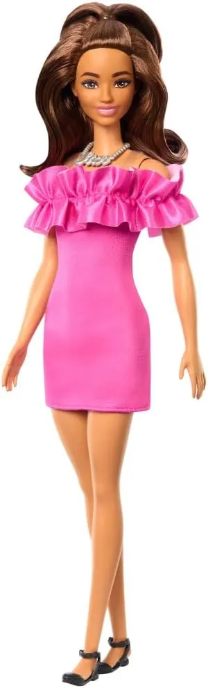 Barbie Fashionistas Doll #217 with Brown Wavy Hair Half-Up Half-Down & Pink Dress, 65th Anniversary Collectible Toy