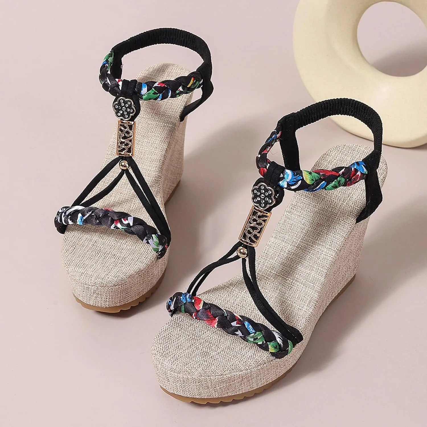 Beach Sandals for Woman High Heeled Elastic Ankle Strappy Shoes Open Toe Sandal Casual Dressy Workout Hiking Shoe