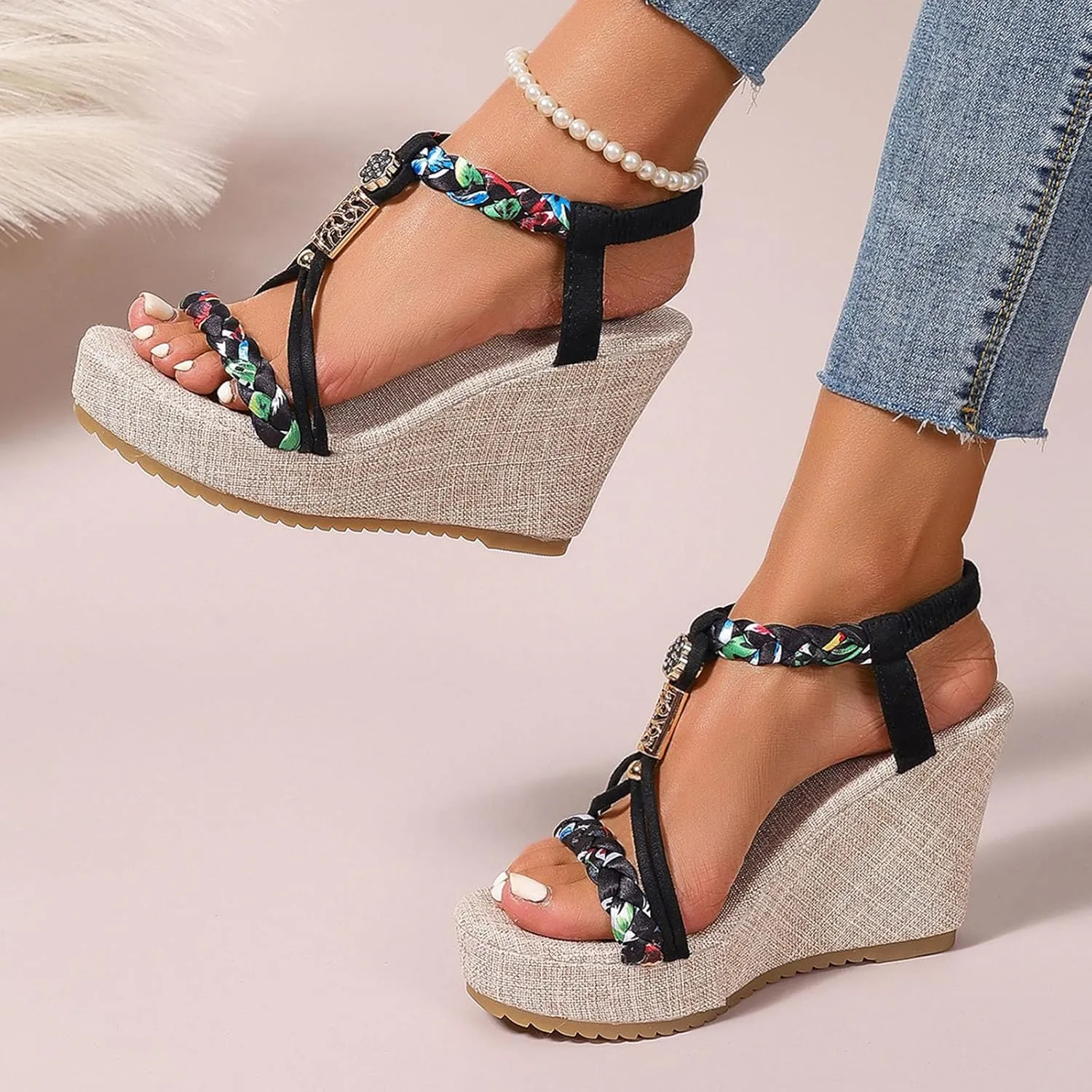 Beach Sandals for Woman High Heeled Elastic Ankle Strappy Shoes Open Toe Sandal Casual Dressy Workout Hiking Shoe