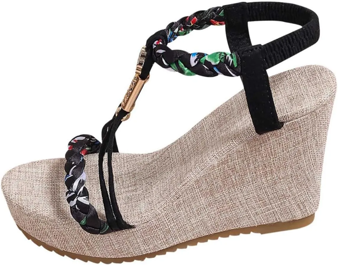 Beach Sandals for Woman High Heeled Elastic Ankle Strappy Shoes Open Toe Sandal Casual Dressy Workout Hiking Shoe