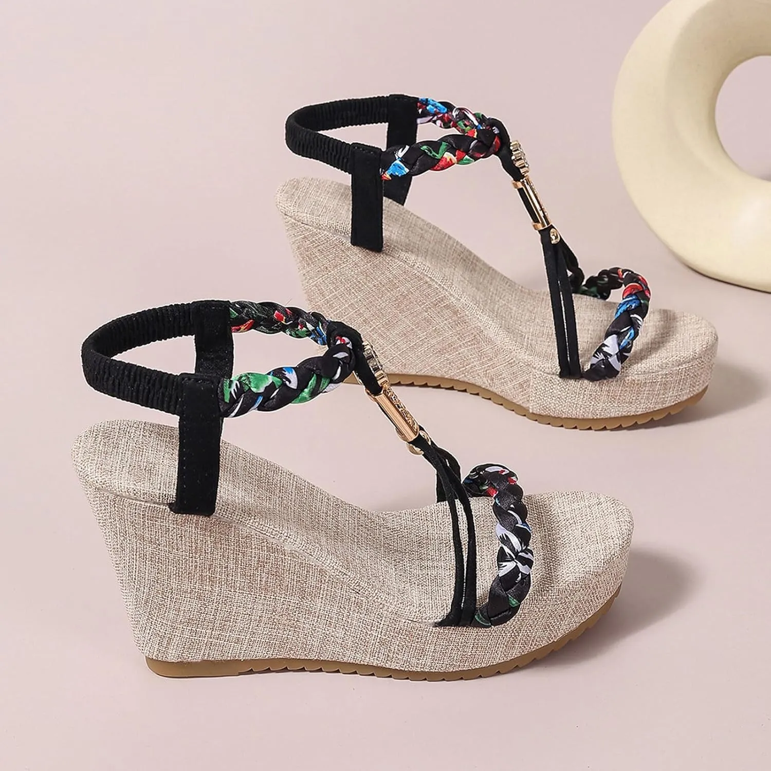 Beach Sandals for Woman High Heeled Elastic Ankle Strappy Shoes Open Toe Sandal Casual Dressy Workout Hiking Shoe