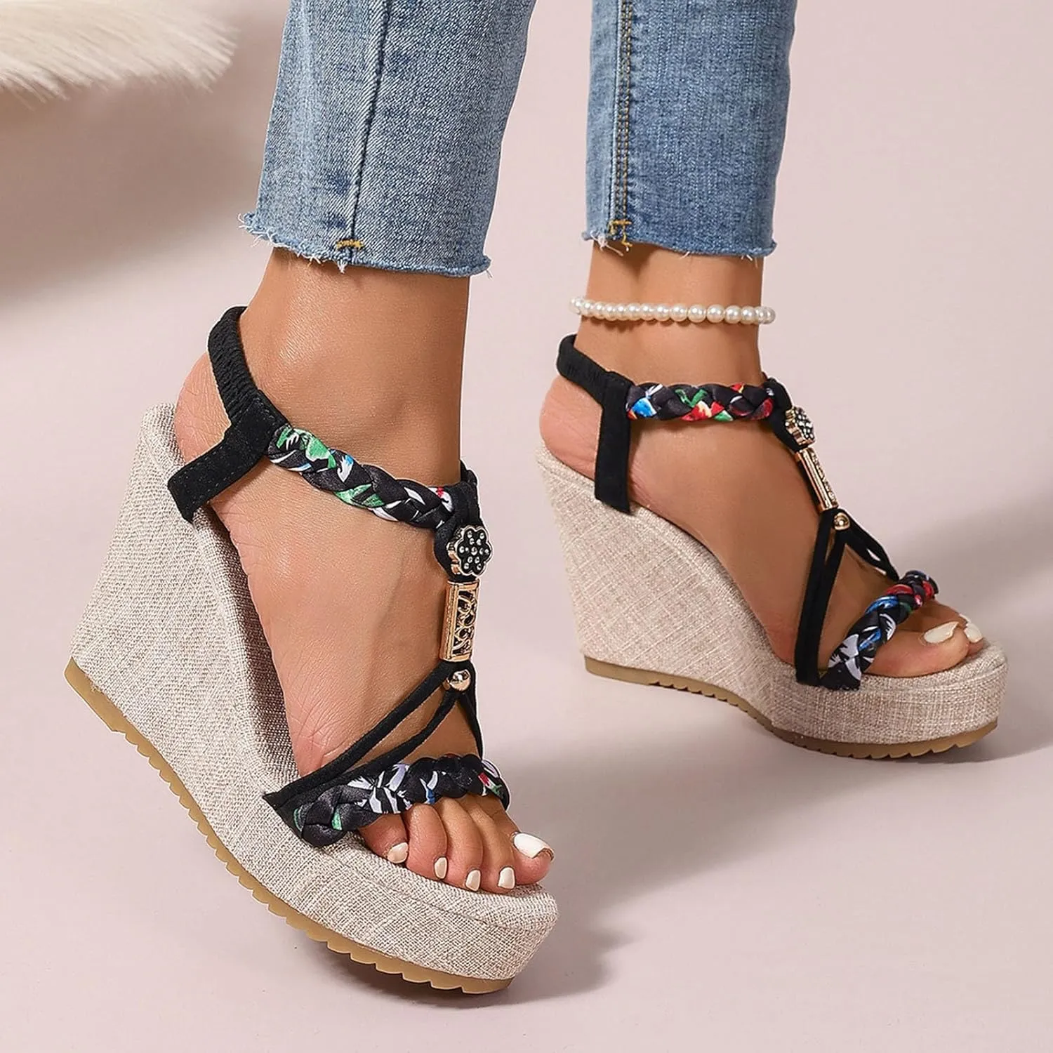 Beach Sandals for Woman High Heeled Elastic Ankle Strappy Shoes Open Toe Sandal Casual Dressy Workout Hiking Shoe