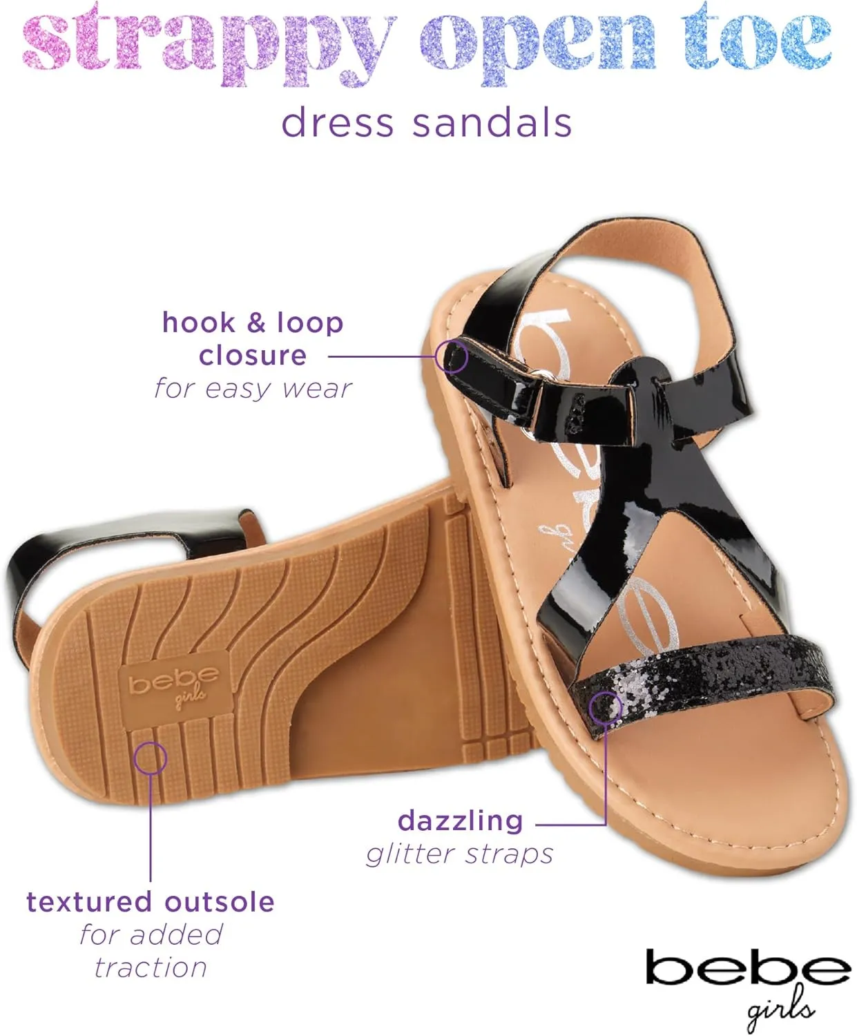 bebe Girls' Sandals - Glitter Multi Strap Open Toe Flat Dress Sandals, Easter Summer Shoes for Toddler Girls
