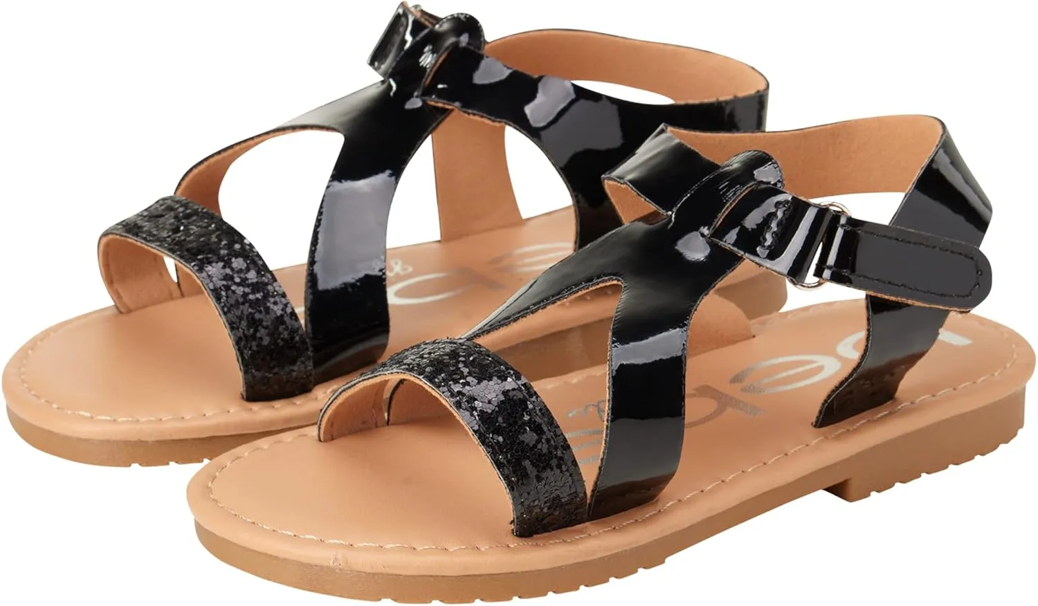 bebe Girls' Sandals - Glitter Multi Strap Open Toe Flat Dress Sandals, Easter Summer Shoes for Toddler Girls