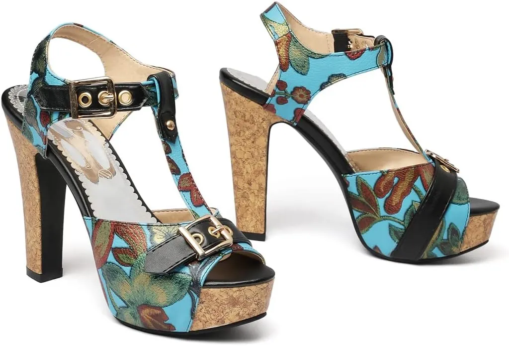 Betastella Women's T Strap Chunky Platform Sandals Peep Toe Floral Print High block Heels Slingback Pumps Dress Shoes