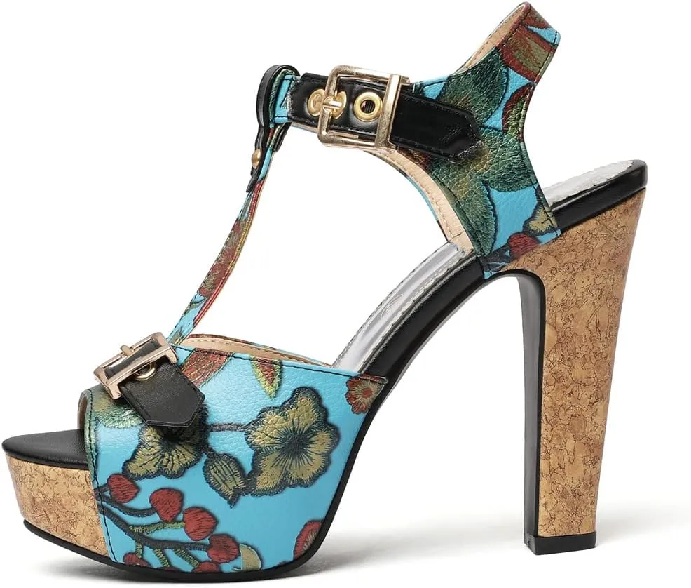 Betastella Women's T Strap Chunky Platform Sandals Peep Toe Floral Print High block Heels Slingback Pumps Dress Shoes