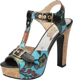 Betastella Women's T Strap Chunky Platform Sandals Peep Toe Floral Print High block Heels Slingback Pumps Dress Shoes