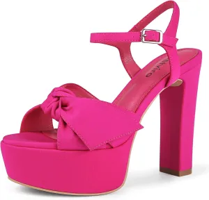 Black Platform Heeled Sandals for Women 5.1 Inch Chunky Block High Heel Womens Open Toe with Bow Ankle Strap Wedding Party Dress Sandals Shoes
