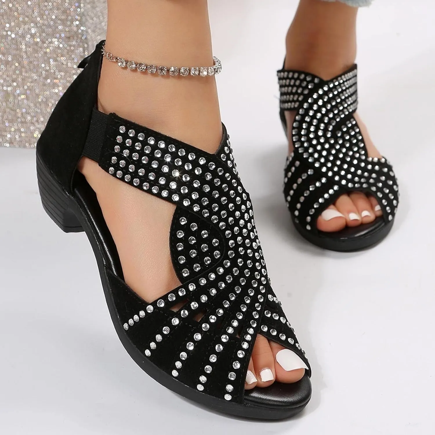 Black Sandals Women Open Toe Plus Size Zipper Shoes Casual Boho Western Comfortable Trendy Summer Sandal