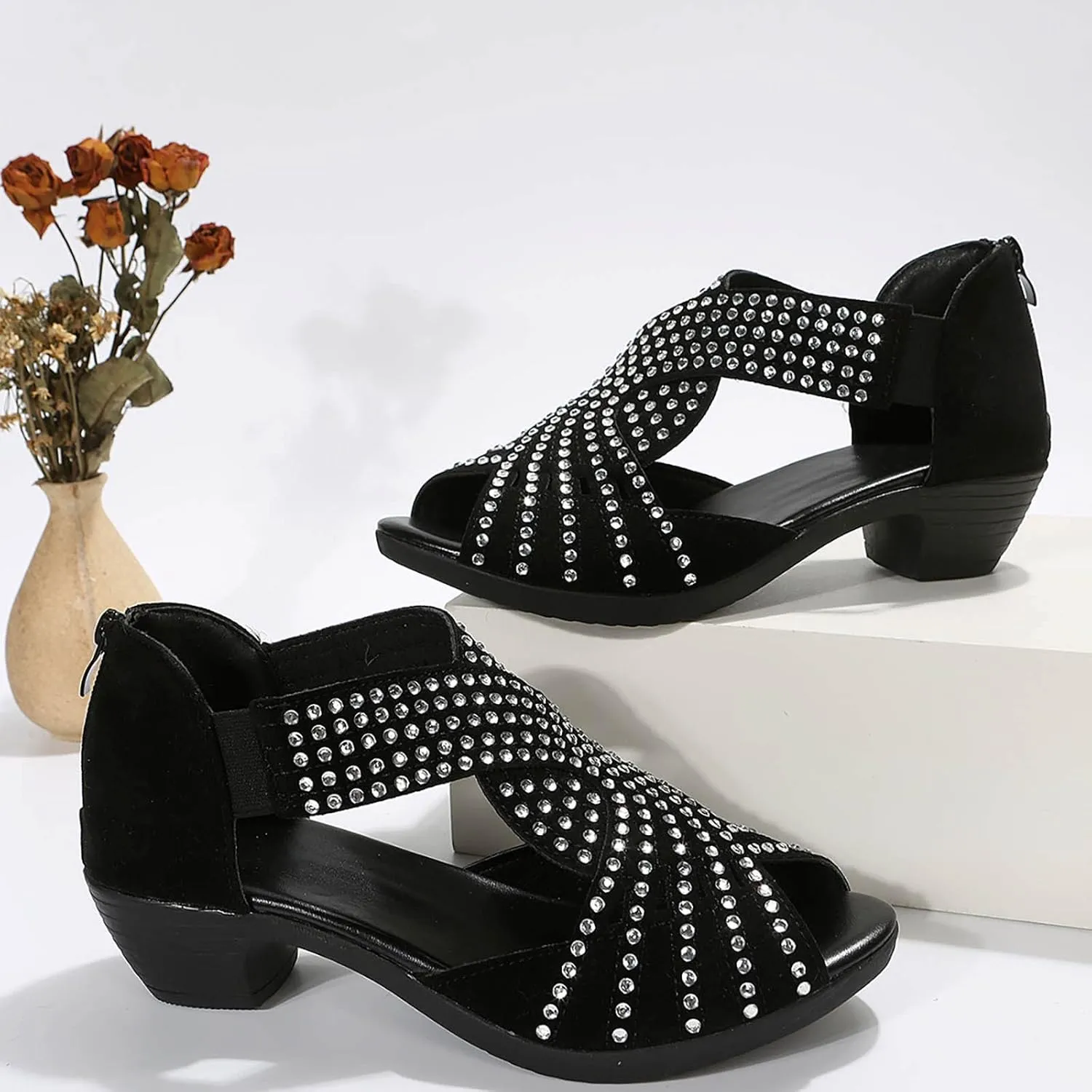 Black Sandals Women Open Toe Plus Size Zipper Shoes Casual Boho Western Comfortable Trendy Summer Sandal