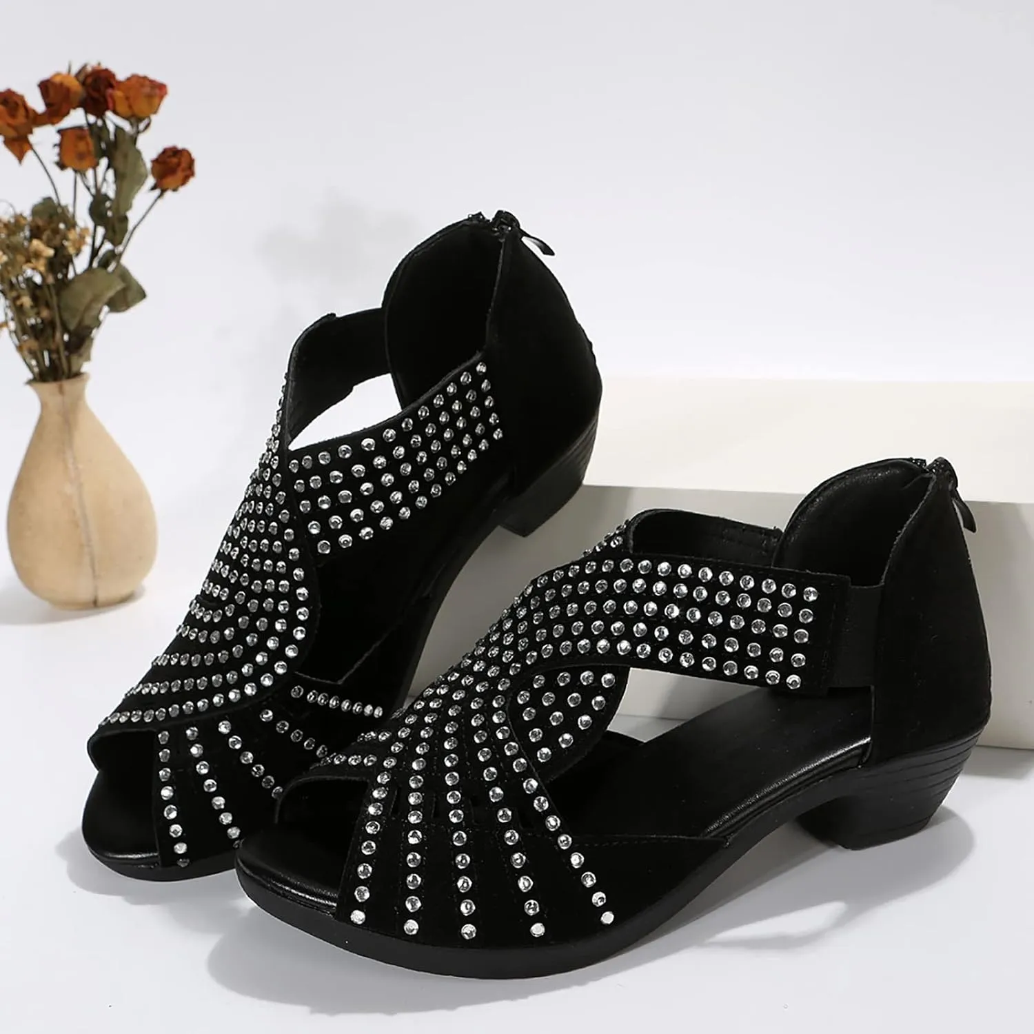 Black Sandals Women Open Toe Plus Size Zipper Shoes Casual Boho Western Comfortable Trendy Summer Sandal