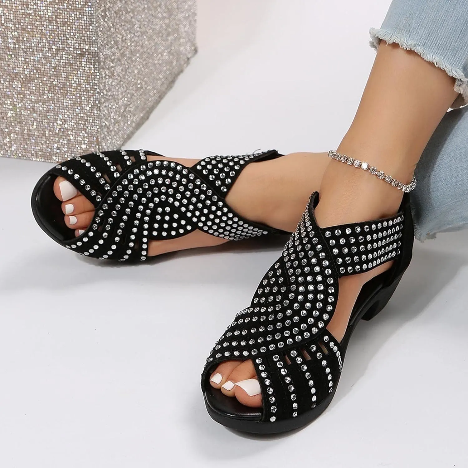 Black Sandals Women Open Toe Plus Size Zipper Shoes Casual Boho Western Comfortable Trendy Summer Sandal