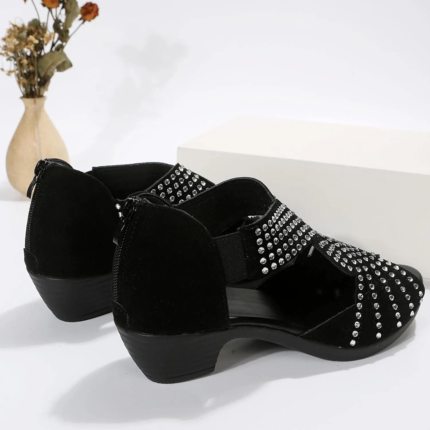 Black Sandals Women Open Toe Plus Size Zipper Shoes Casual Boho Western Comfortable Trendy Summer Sandal