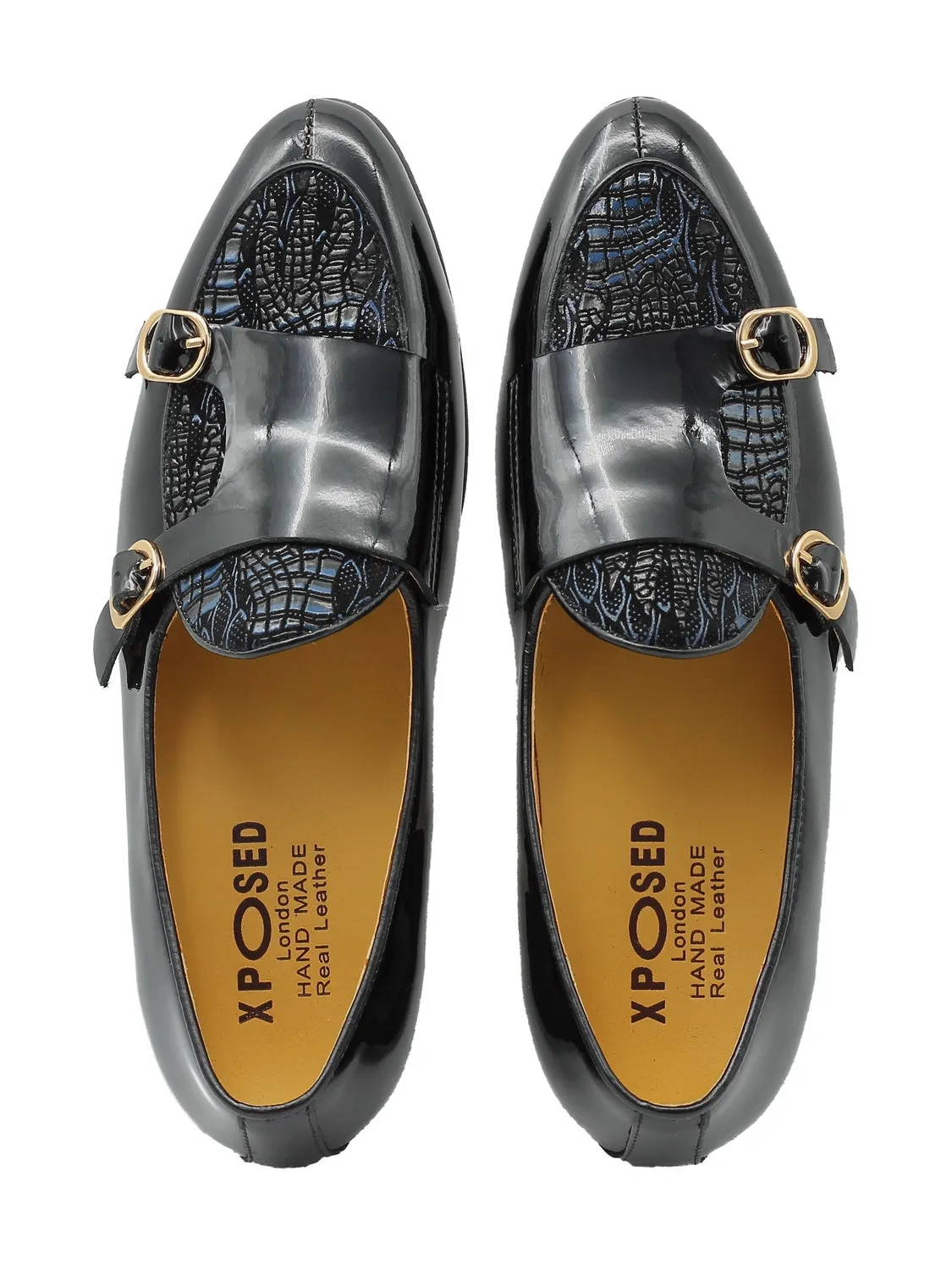 BLACK SHINY BLUE PRINTED DOUBLE MONK SHOES