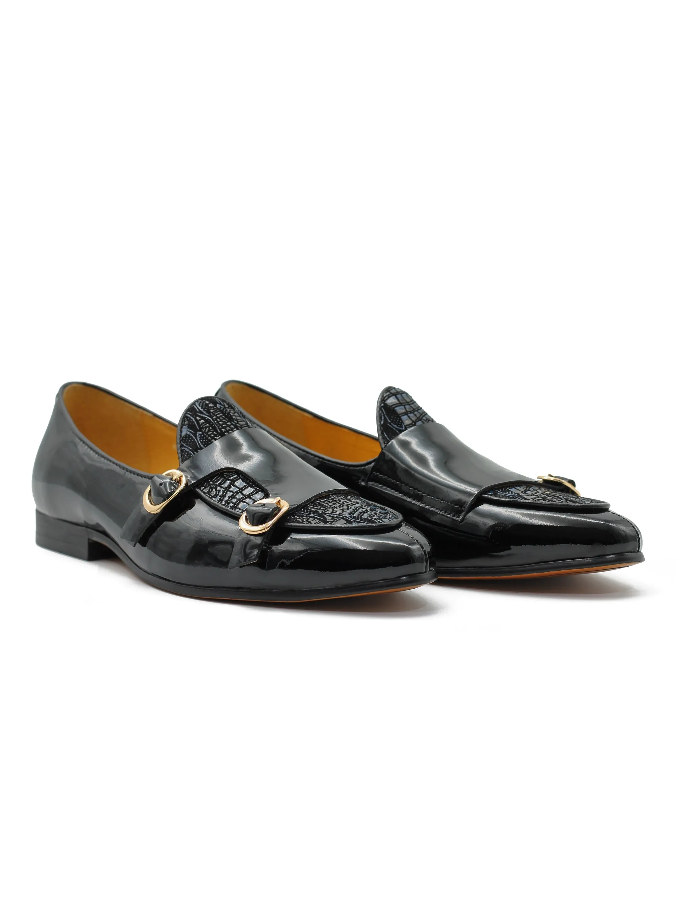 BLACK SHINY BLUE PRINTED DOUBLE MONK SHOES