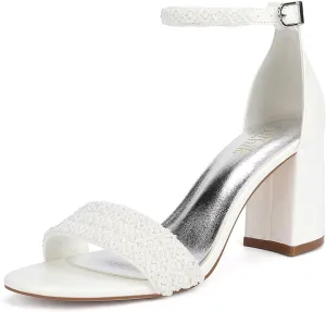 Block Heel Wedding Shoes for Bride Open Toe Bridal Shoes Heeled Sandals Wedding Heels