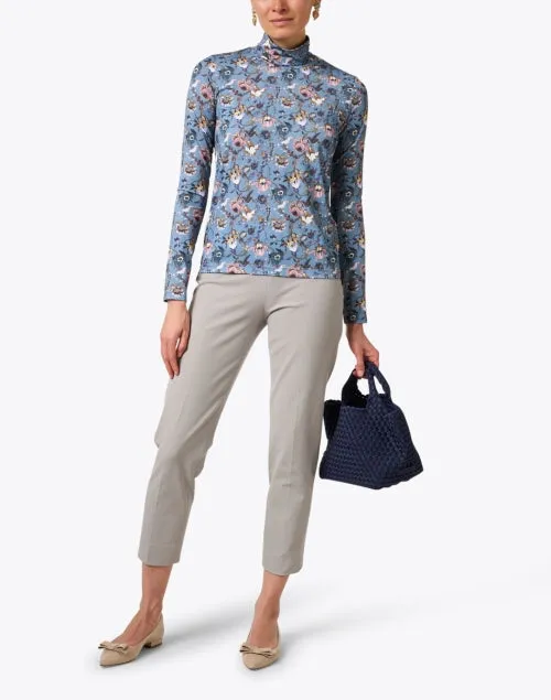 Blue Floral Print Turtleneck Top