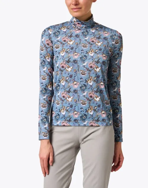 Blue Floral Print Turtleneck Top