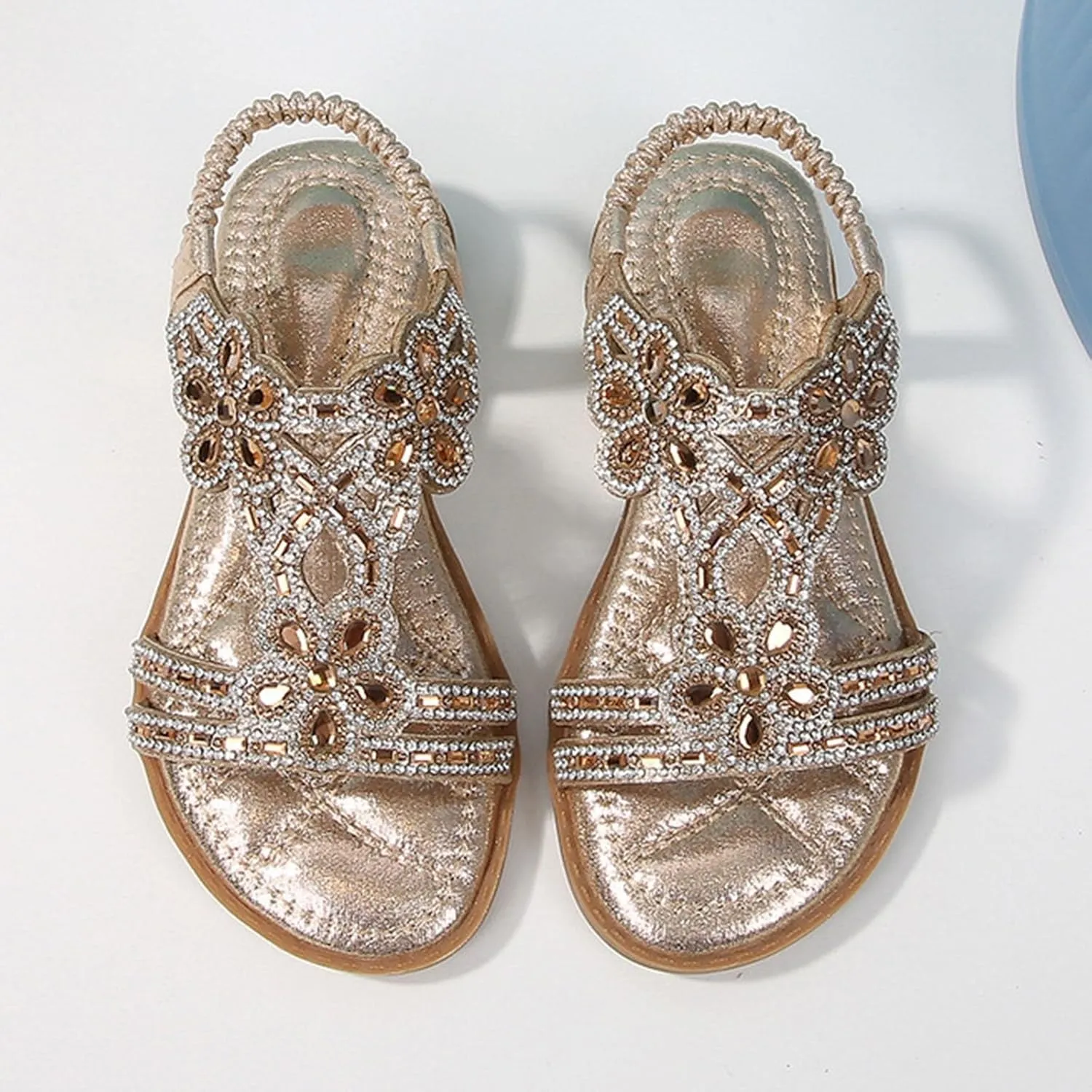 Bohemian Crystal Flats Girls Low Wedge Rhinestone Sandals Open Toe Ankle Elastic T-Strap Flip Flops for Wedding
