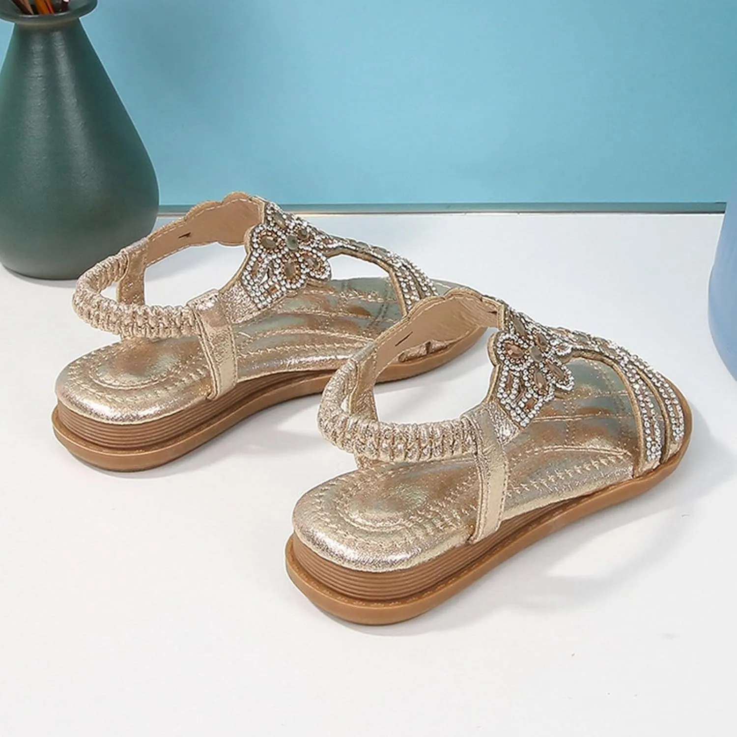 Bohemian Crystal Flats Girls Low Wedge Rhinestone Sandals Open Toe Ankle Elastic T-Strap Flip Flops for Wedding