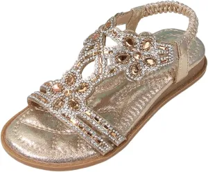 Bohemian Crystal Flats Girls Low Wedge Rhinestone Sandals Open Toe Ankle Elastic T-Strap Flip Flops for Wedding
