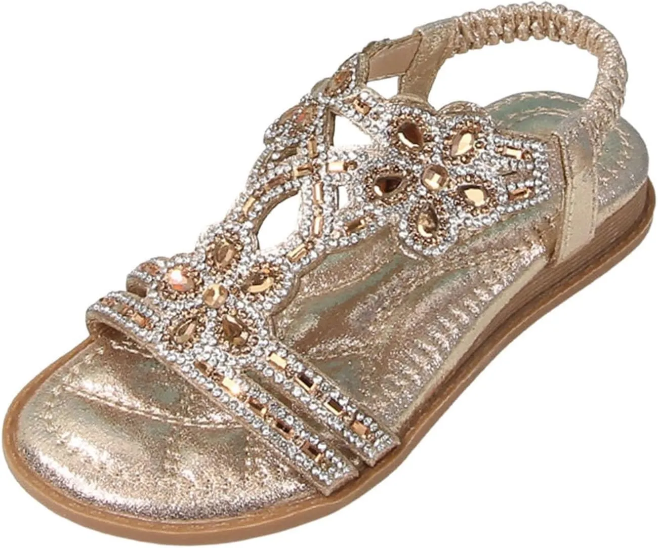 Bohemian Crystal Flats Girls Low Wedge Rhinestone Sandals Open Toe Ankle Elastic T-Strap Flip Flops for Wedding