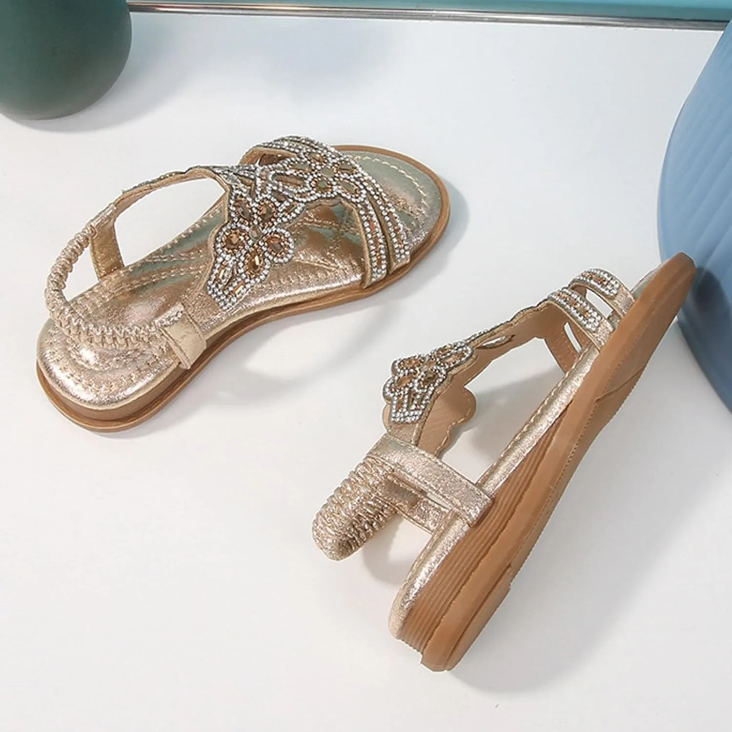 Bohemian Crystal Flats Girls Low Wedge Rhinestone Sandals Open Toe Ankle Elastic T-Strap Flip Flops for Wedding