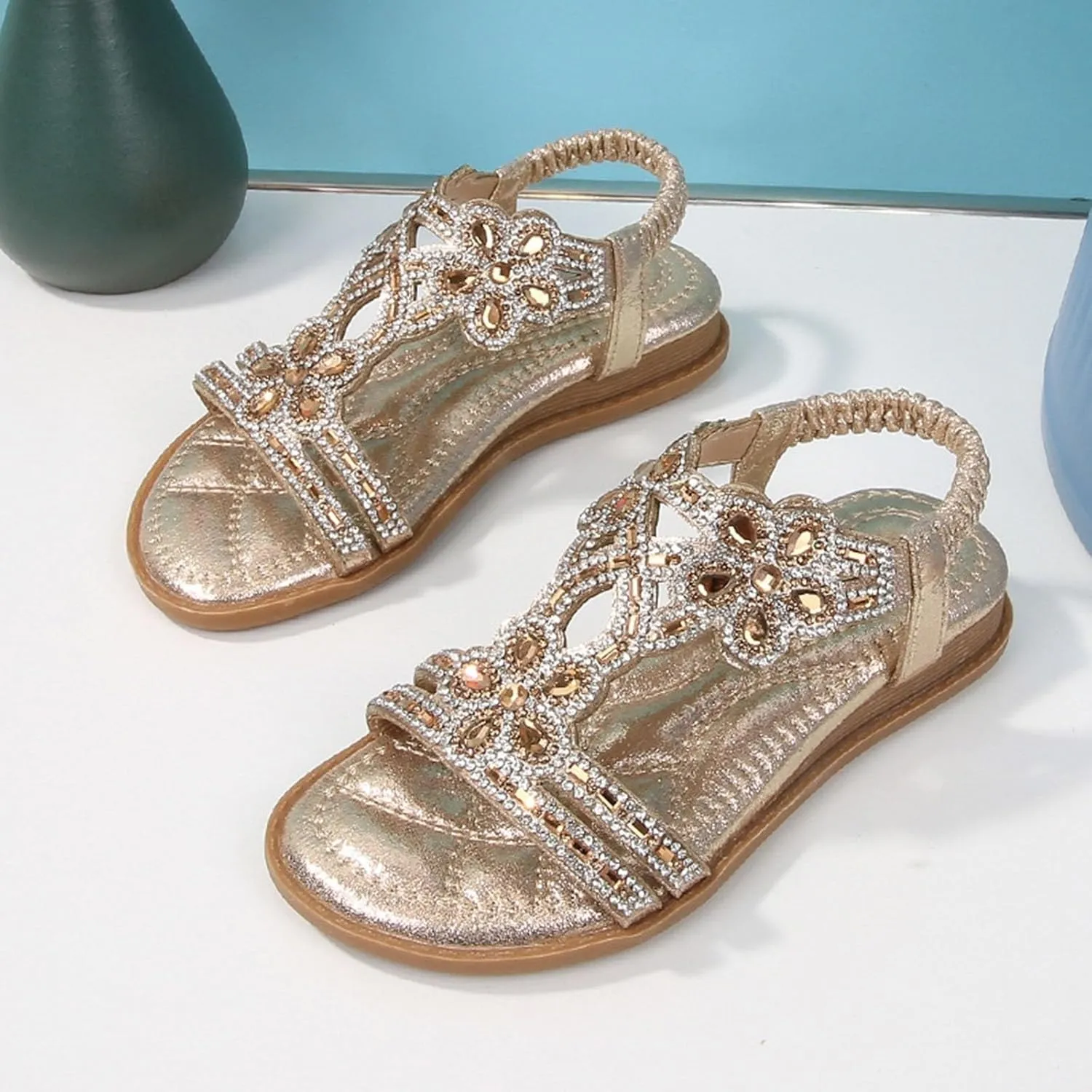 Bohemian Crystal Flats Girls Low Wedge Rhinestone Sandals Open Toe Ankle Elastic T-Strap Flip Flops for Wedding
