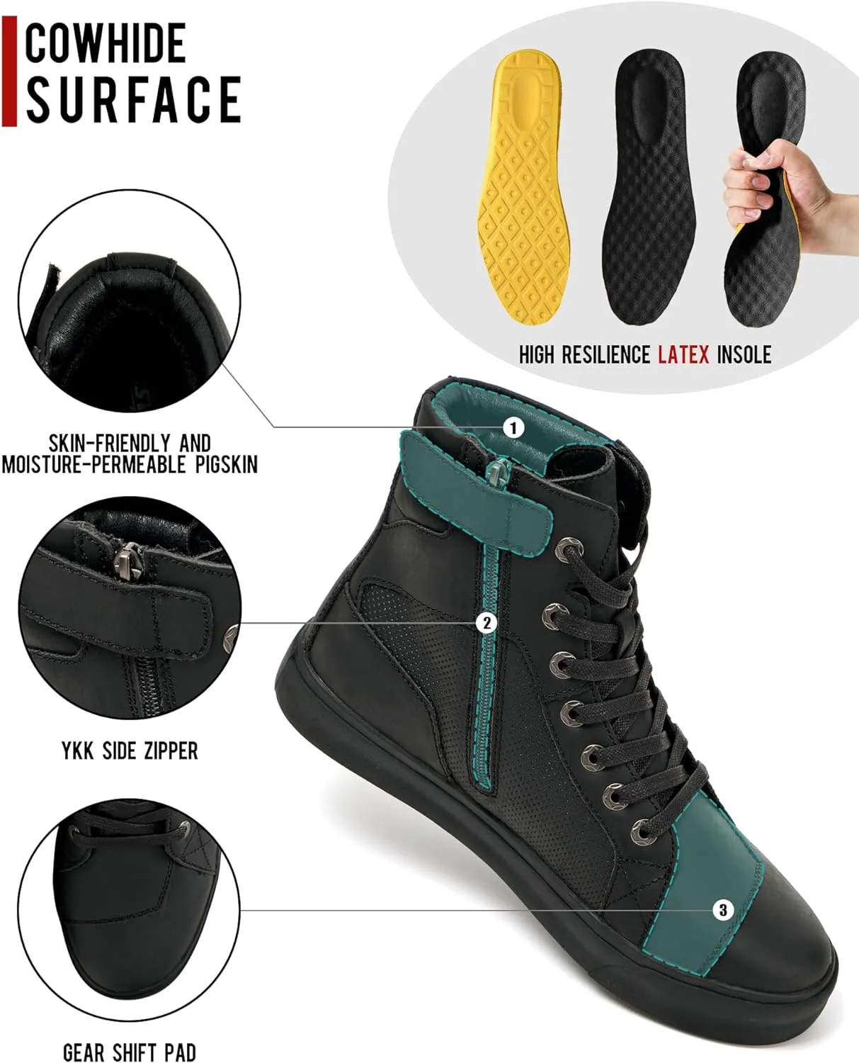 BORLENI Cowhide Leather Motorcycle Breathable Riding Shoes - Casual Outdoor Street Motorcycle Boots for Men