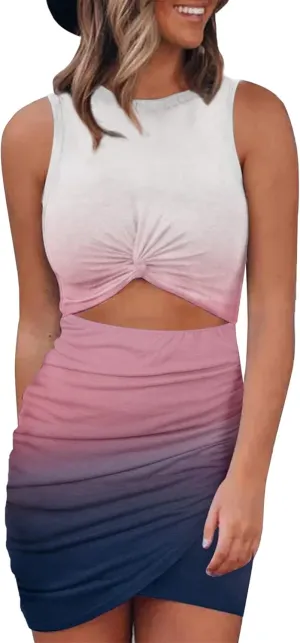 BTFBM Women 2025 Summer Sleeveless Casual Crewneck Bodycon Tank Dress Cutout Twist Slim Wrap Club Party Evening Dresses