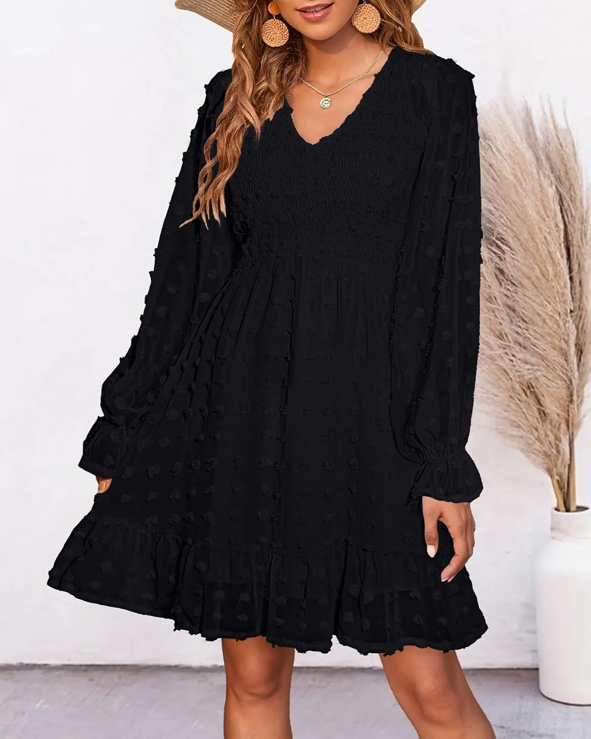 BTFBM Women Smocked Short Dress V Neck Long Sleeve Casual Swiss Dot Ruffle Chiffon Flowy Mini Summer Spring Dresses 2025