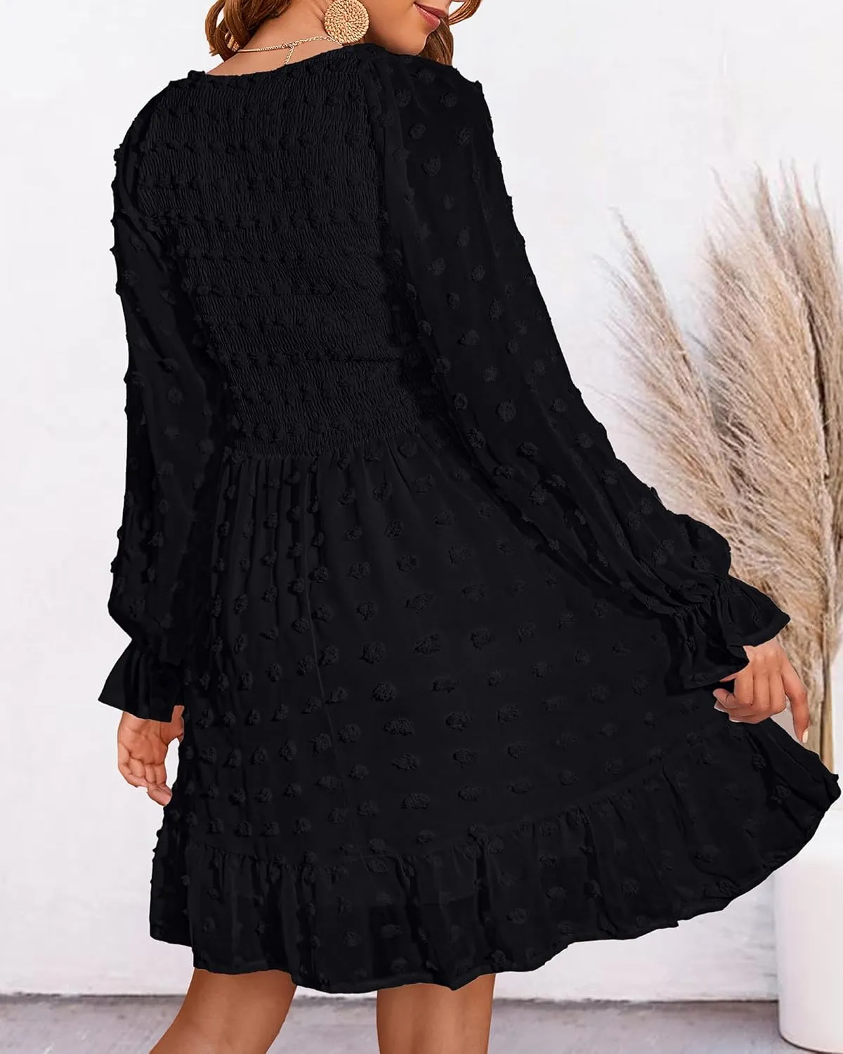 BTFBM Women Smocked Short Dress V Neck Long Sleeve Casual Swiss Dot Ruffle Chiffon Flowy Mini Summer Spring Dresses 2025