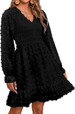 BTFBM Women Smocked Short Dress V Neck Long Sleeve Casual Swiss Dot Ruffle Chiffon Flowy Mini Summer Spring Dresses 2025