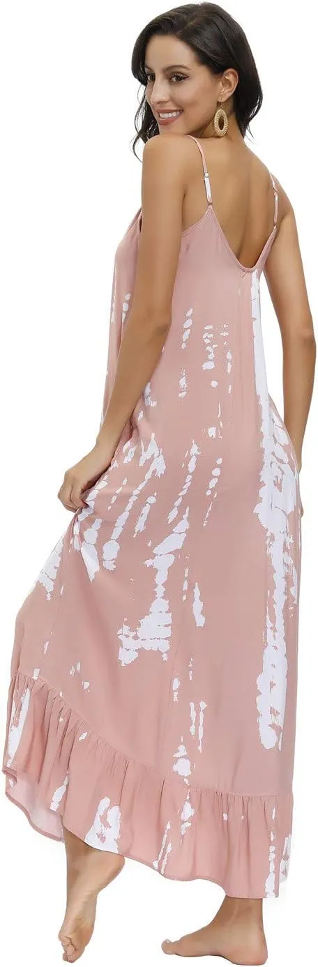 BUENOS NINOS Women's V Neck Floral Maxi Dress Boho Printed Adjustable Spaghetti Strap Ethnic Beach Long Dress with Pockets