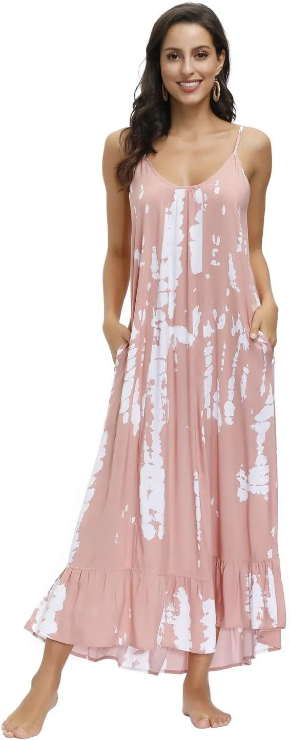 BUENOS NINOS Women's V Neck Floral Maxi Dress Boho Printed Adjustable Spaghetti Strap Ethnic Beach Long Dress with Pockets