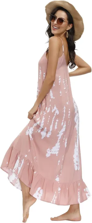 BUENOS NINOS Women's V Neck Floral Maxi Dress Boho Printed Adjustable Spaghetti Strap Ethnic Beach Long Dress with Pockets