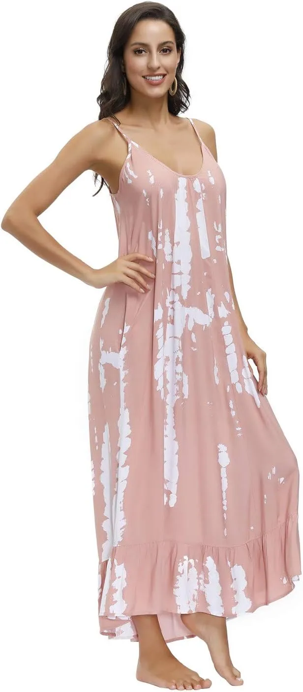 BUENOS NINOS Women's V Neck Floral Maxi Dress Boho Printed Adjustable Spaghetti Strap Ethnic Beach Long Dress with Pockets