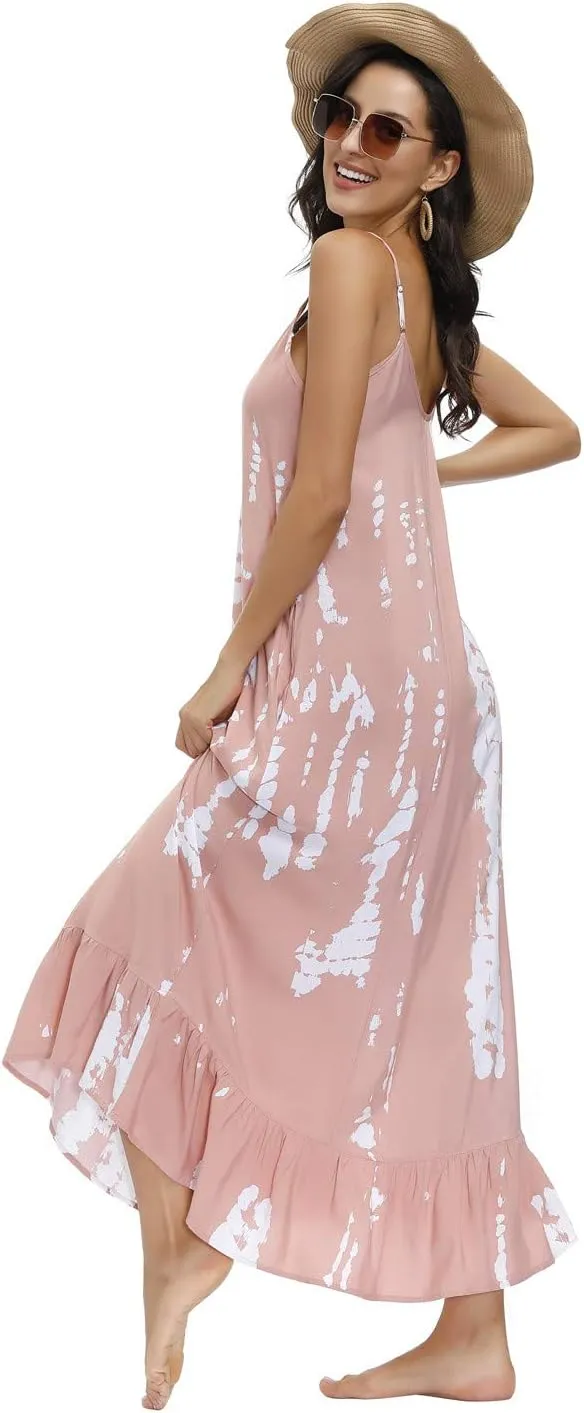 BUENOS NINOS Women's V Neck Floral Maxi Dress Boho Printed Adjustable Spaghetti Strap Ethnic Beach Long Dress with Pockets