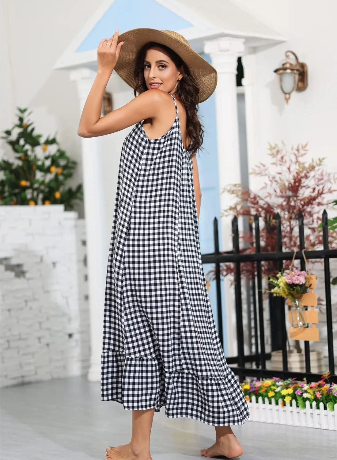 BUENOS NINOS Women's V Neck Floral Maxi Dress Boho Printed Adjustable Spaghetti Strap Ethnic Beach Long Dress with Pockets